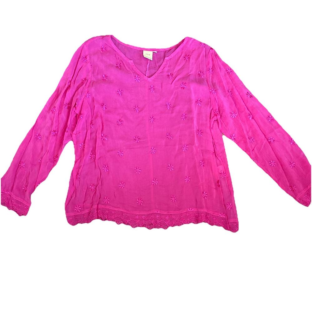 VTG Johnny Was Pink On Pink Embroidered Blouse Tunic 1990 Y2K Boho Chic Sz L
